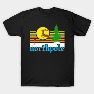 North Pole Souvenir with Reindeer, in the Sunset With Pine Tree and Striped Pole T-Shirt